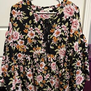 Easel Black Floral Blouse with Pink and Orange Accents